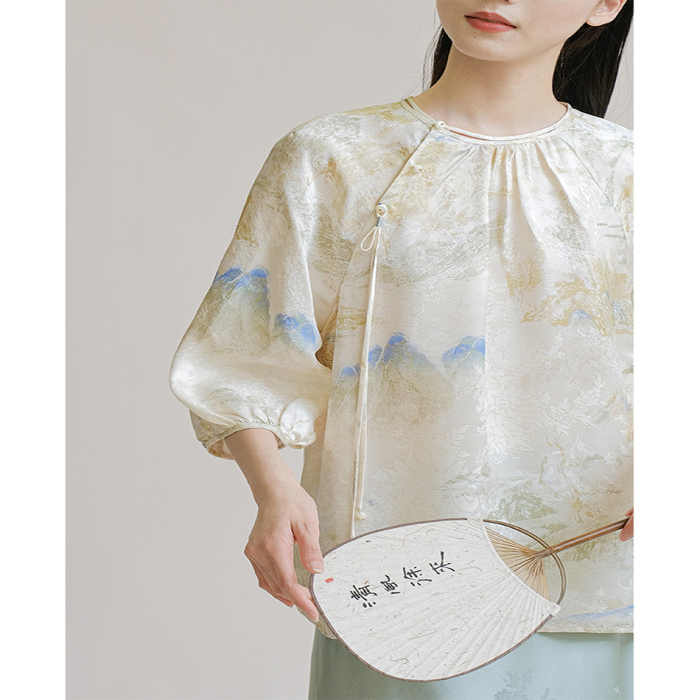 Mountain colored new Chinese style top for summer original high end silk Chinese style Zen tea suit elegant and improved buckle image 1