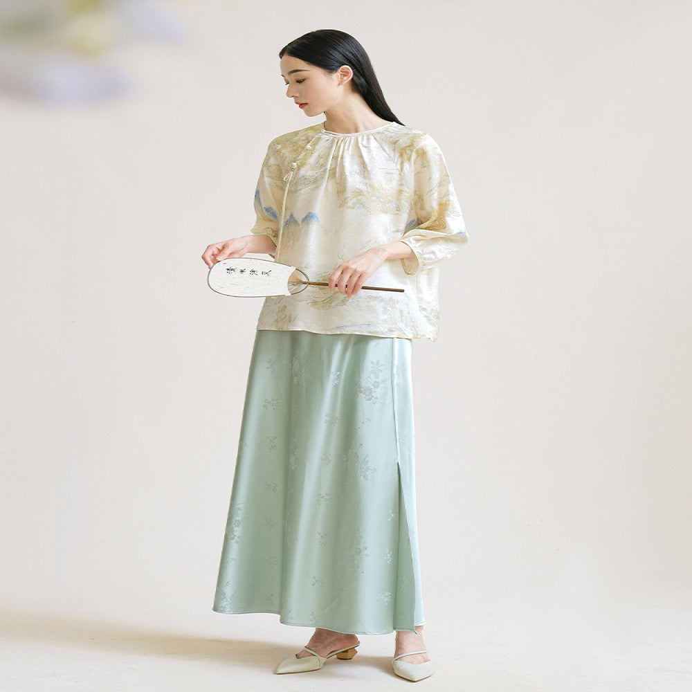 Mountain colored new Chinese style top for summer original high end silk Chinese style Zen tea suit elegant and improved buckle image 2