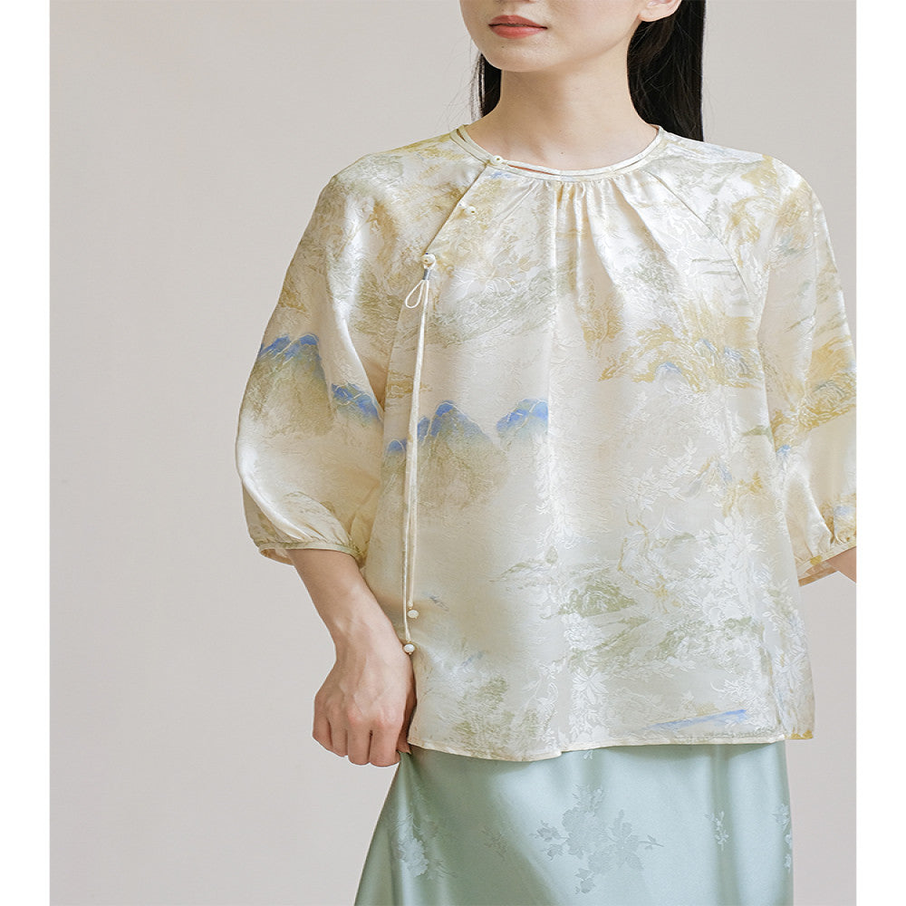 Mountain colored new Chinese style top for summer original high end silk Chinese style Zen tea suit elegant and improved buckle image 3