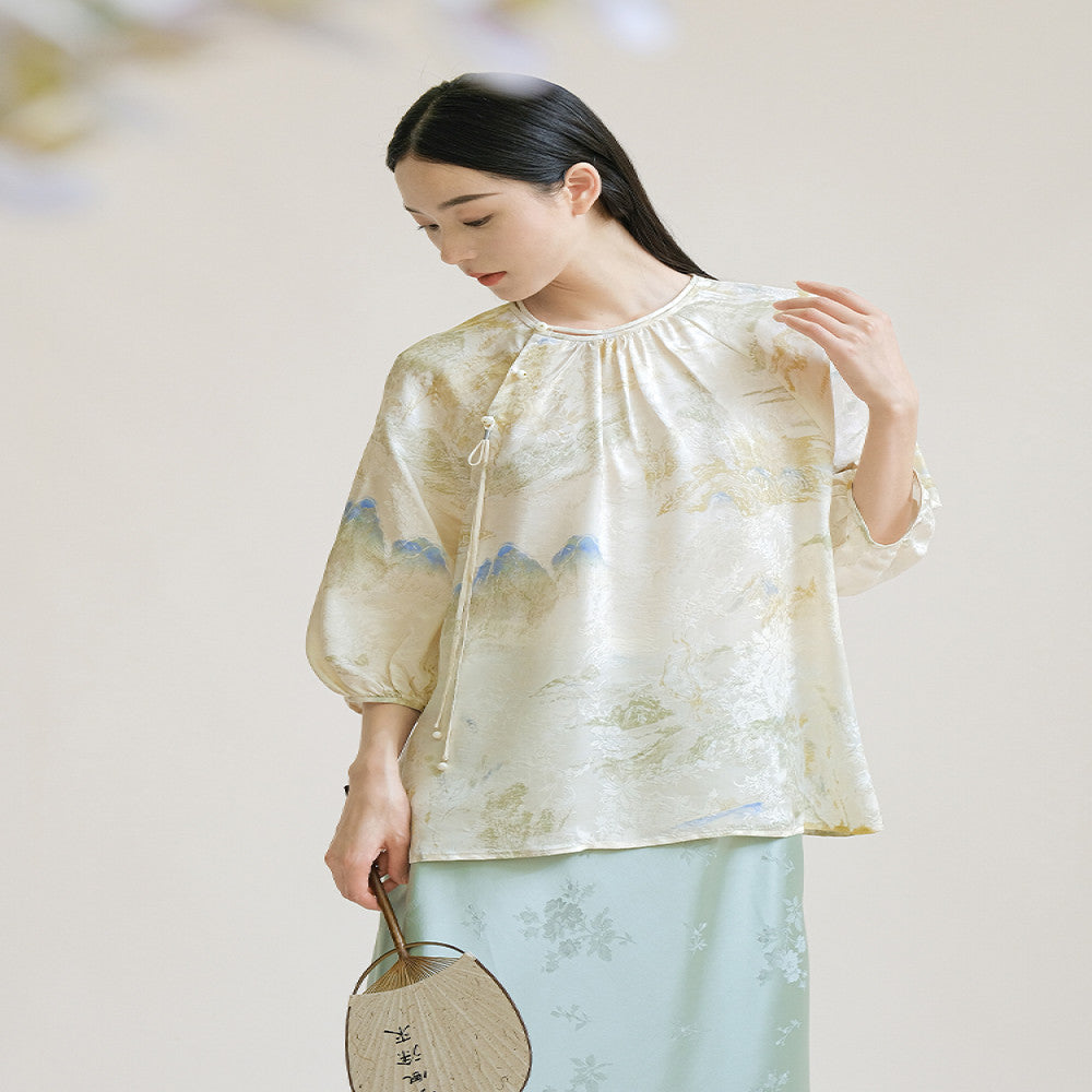 Mountain colored new Chinese style top for summer original high end silk Chinese style Zen tea suit elegant and improved buckle image 4