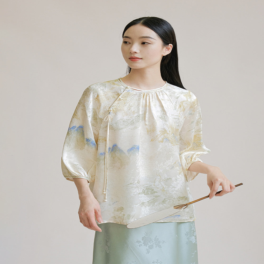 Mountain colored new Chinese style top for summer original high end silk Chinese style Zen tea suit elegant and improved buckle image 5