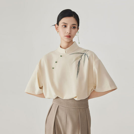 ASAYA3330 Style Stand-up Collar Clear Linen Ink Bamboo Leaf Print Smudged Jade Button Short Sleeve Shirt