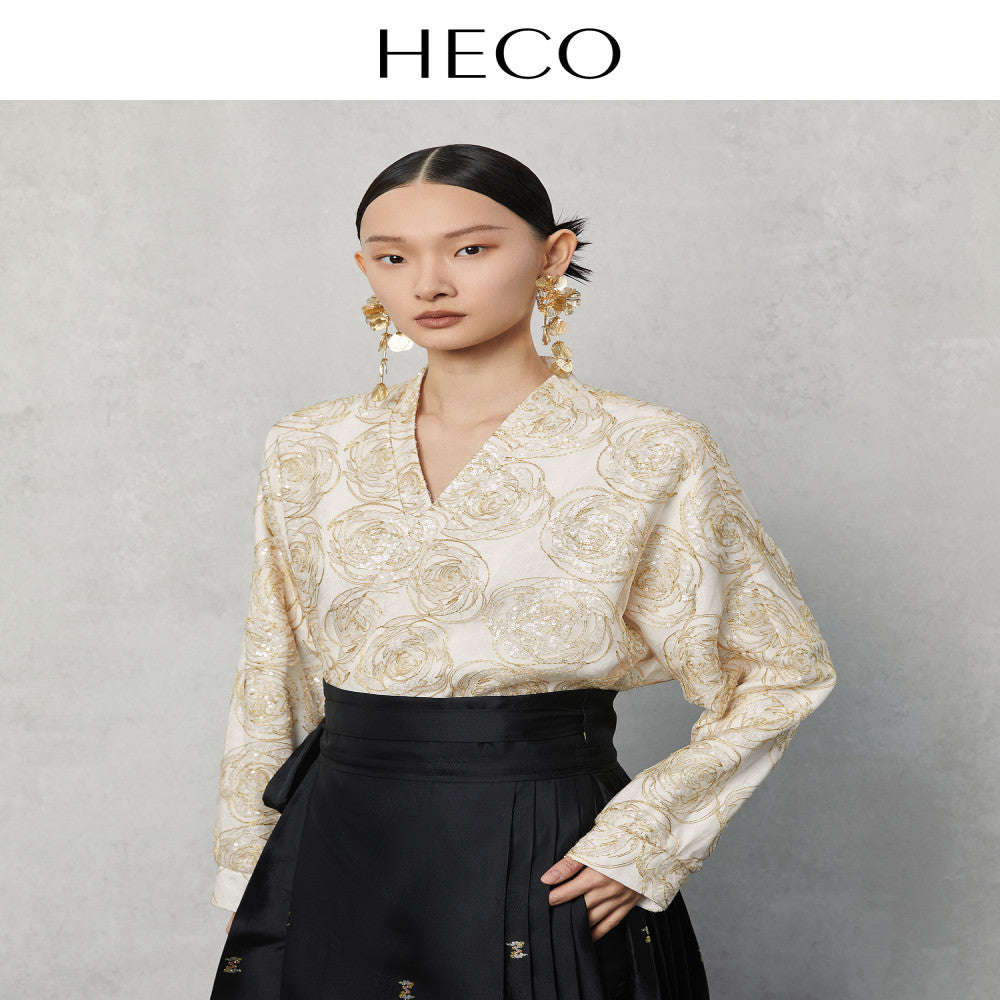 HECO Canruo Rose New Chinese Autumn New Product Sparkling Embroidered Mesh Shirt Ma Mian Skirt Paired with Women s Top image 16