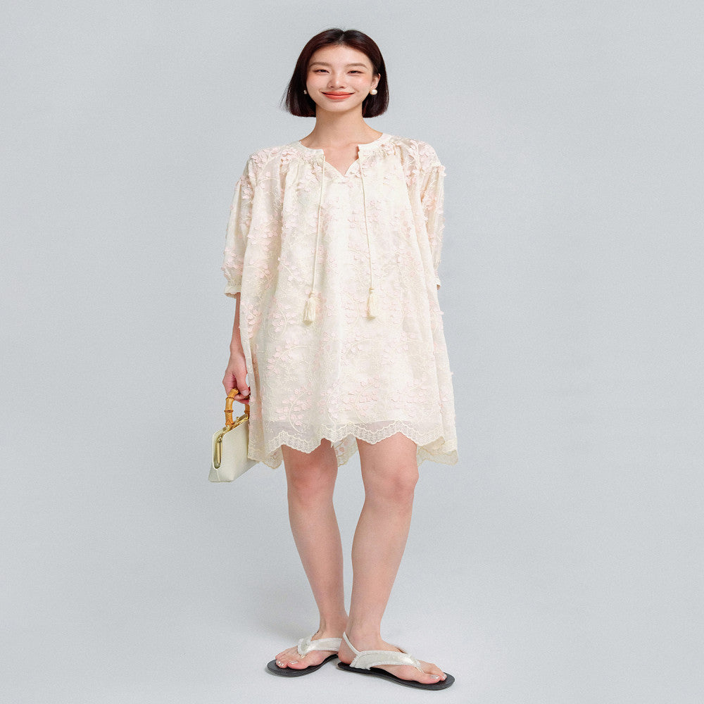 KOHS Qingfeng Linglan Aging Heavy Industry 3D Embroidery Light Transparent Round Neck Shirt Hanging Spike Dress image 0