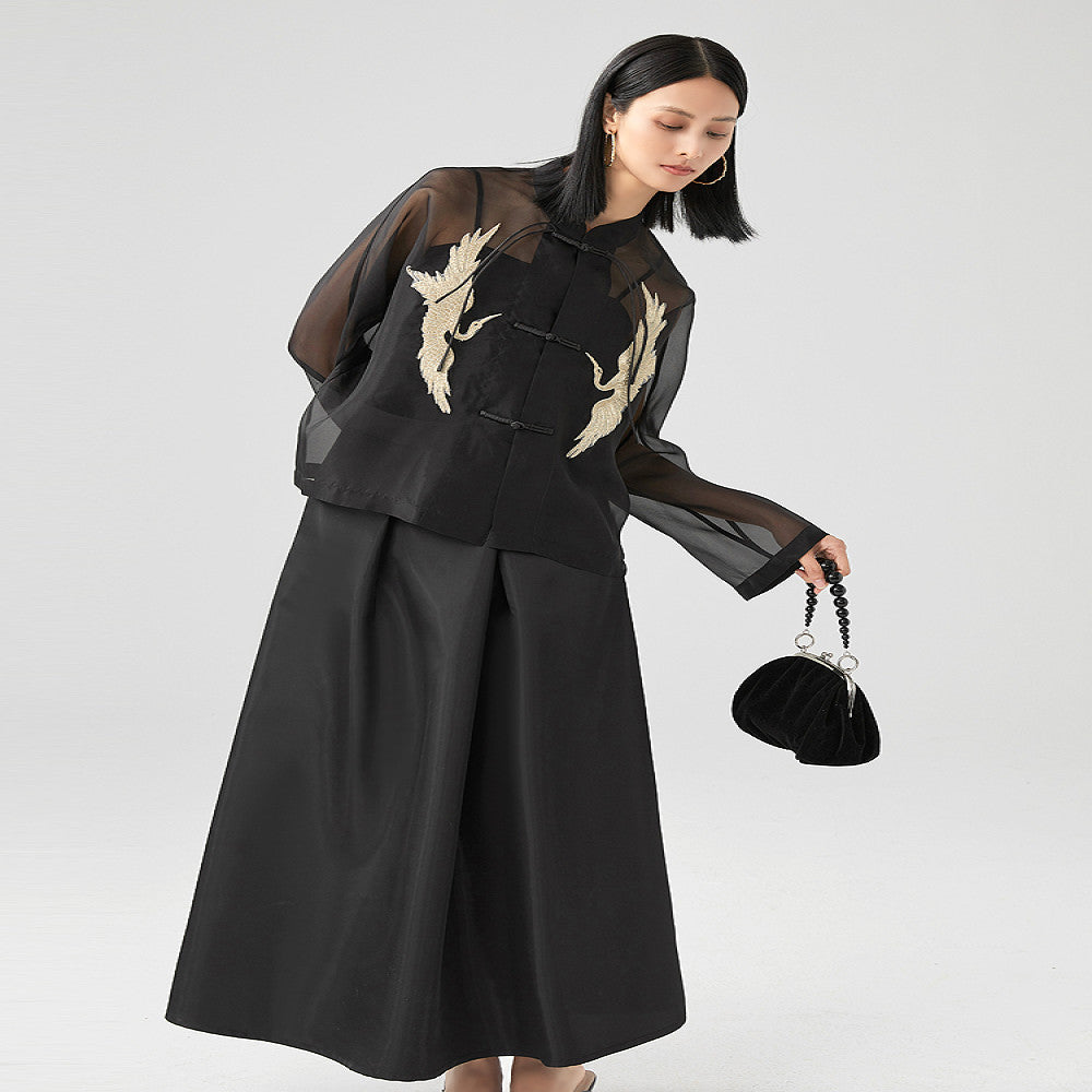 Original design New Chinese style black silk organza crane embroidery stand collar buckle Tang style short jacket image 1