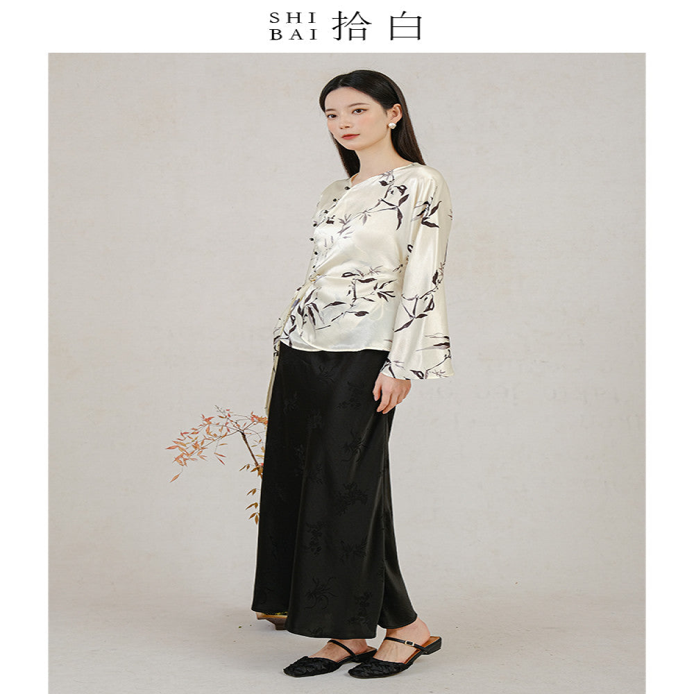 SHIBAI Shibai new Chinese style tops new spring and autumn original Chinese style acetate print bamboo leaves silky drape image 1