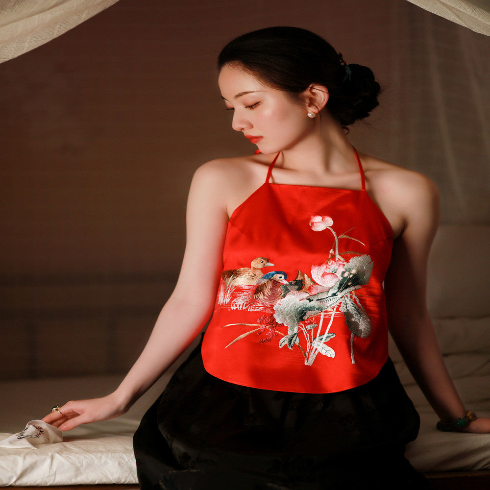 Yuanxiang Dream Shadow One City Wind Plush Spring and Summer Silk Heavy Industry Embroidery Mandarin Ducks and Lotus Vintage Inner Bag Strap image 1