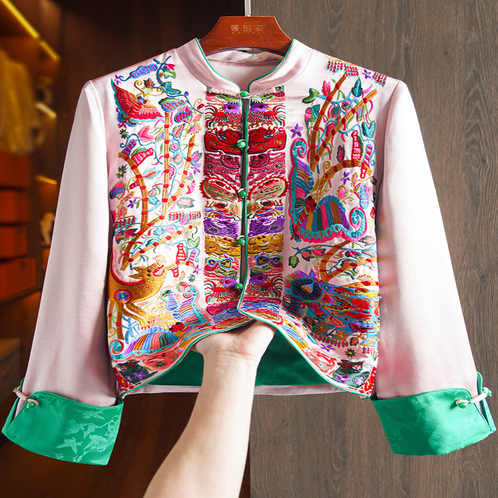 Pink high grade acetic acid new Chinese shirt coat women s heavy industry light China Chic style embroidery small Tang suit top image 0