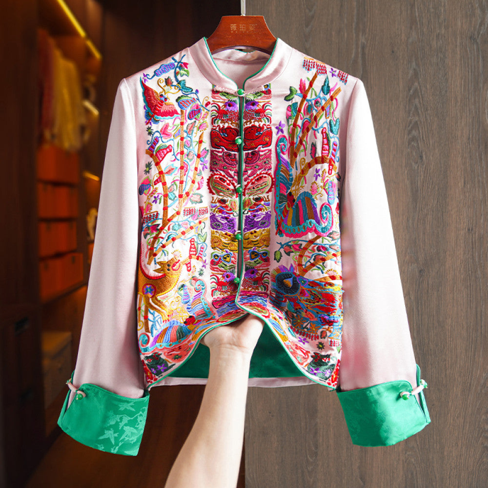 Pink high grade acetic acid new Chinese shirt coat women s heavy industry light China Chic style embroidery small Tang suit top image 13