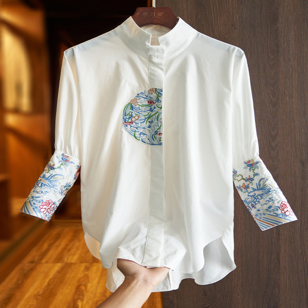 White cotton shirt women s loose autumn dress new design sense small crowd vintage embroidery senior sense China Chic top image 1