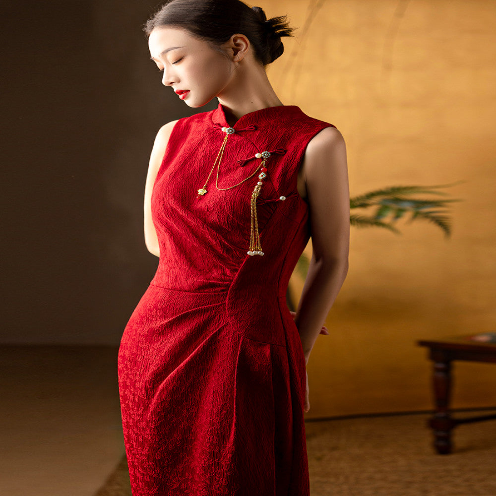 Dear Peony Zhi Xi New Chinese Red Slimming Improved Cheongsam Bridal Toasting Dress Engagement Certificate image 0