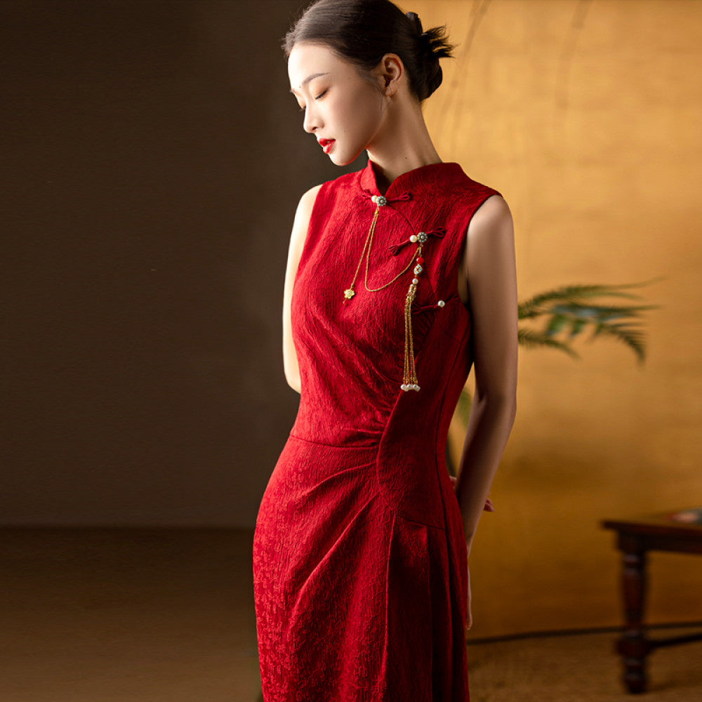 Dear Peony Zhi Xi New Chinese Red Slimming Improved Cheongsam Bridal Toasting Dress Engagement Certificate image 16