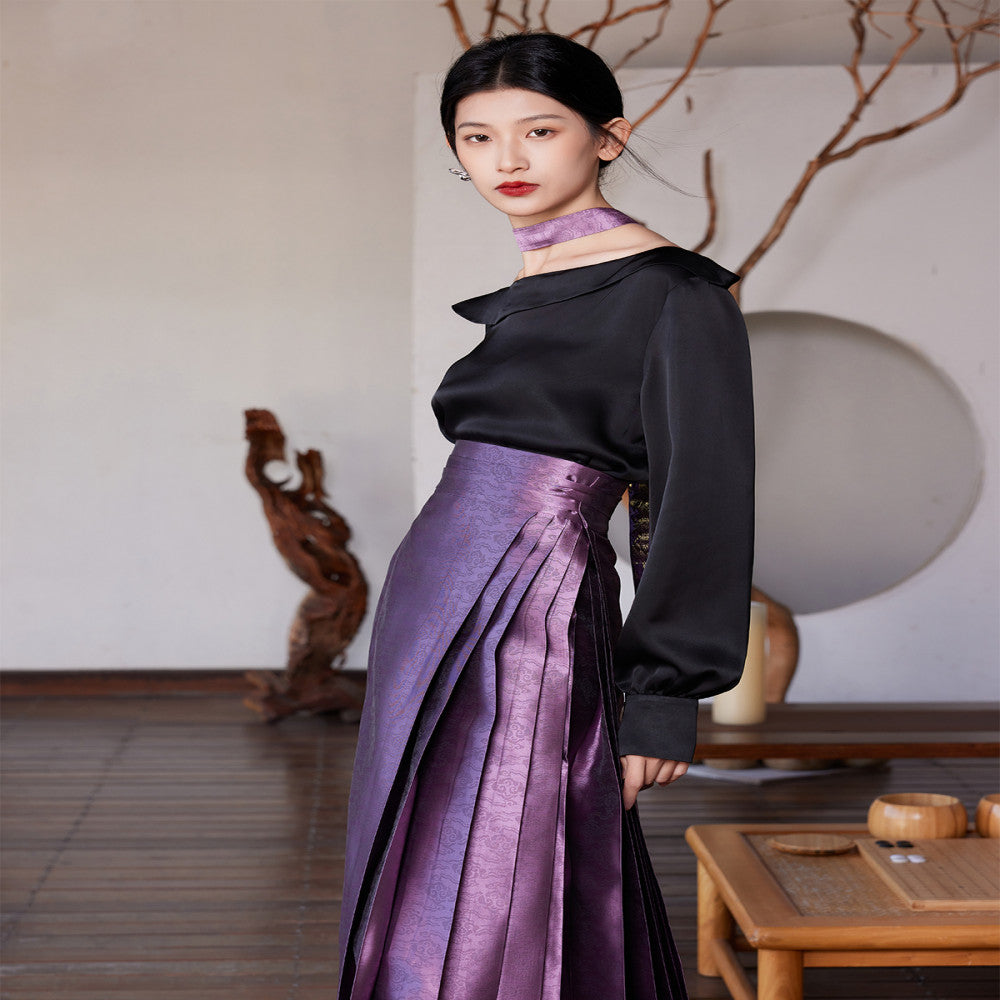 Listening to Xunfuyao s Spring Summer New Hanfu Women s Original Chinese Style Improved Horse Face Skirt with High Waist and One Shoulder Shirt Top image 4