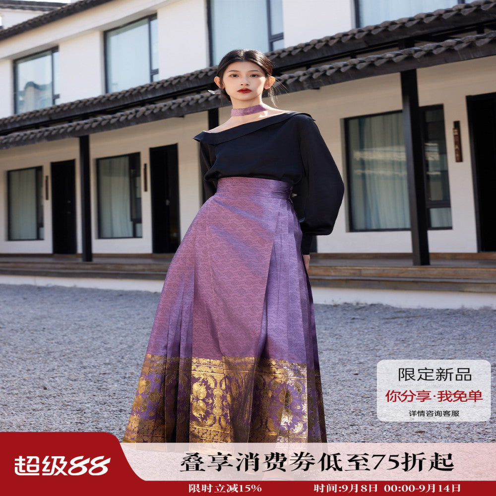 Listening to Xunfuyao s Spring Summer New Hanfu Women s Original Chinese Style Improved Horse Face Skirt with High Waist and One Shoulder Shirt Top image 0