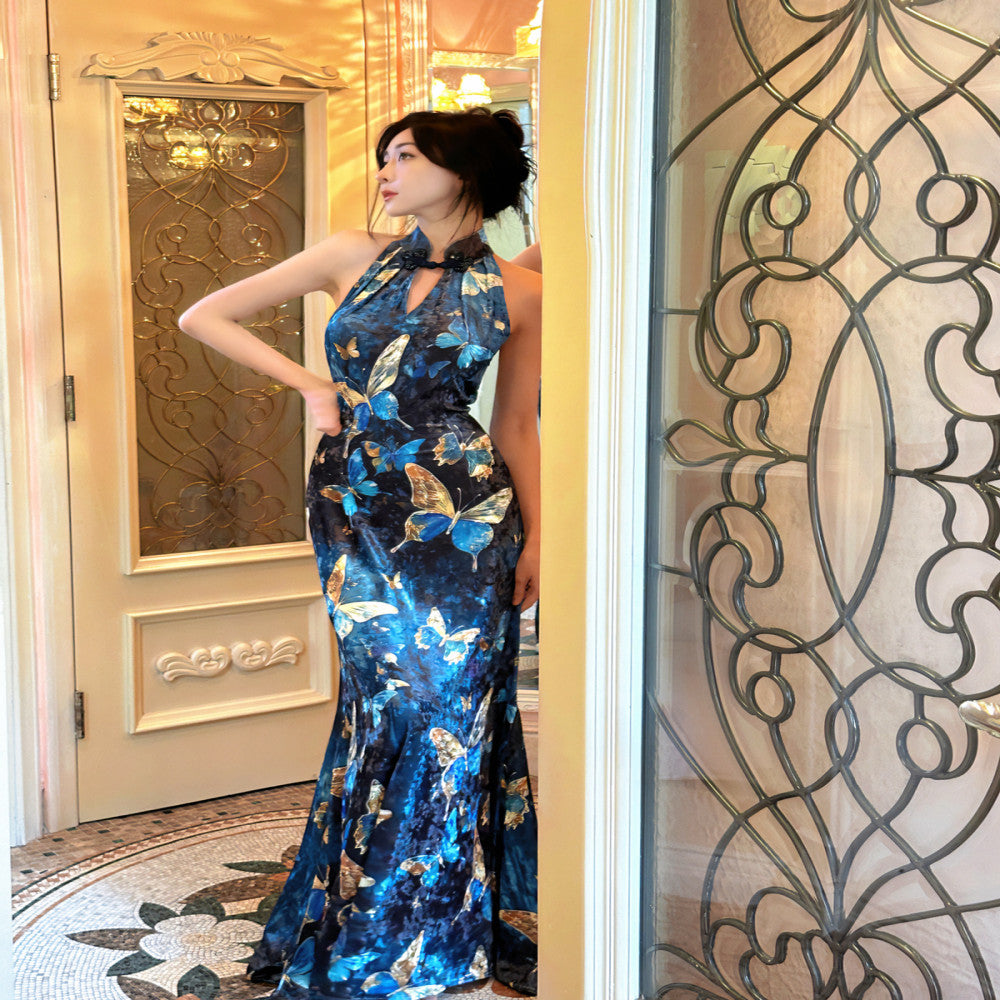 Like the gilded butterfly the new Chinese style improved cheongsam fish tail dress velvet shoulder cut backless dress long dress image 1