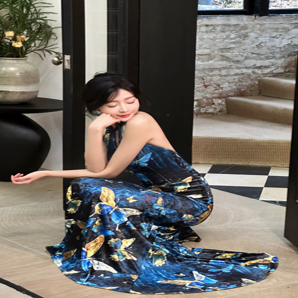 Like the gilded butterfly the new Chinese style improved cheongsam fish tail dress velvet shoulder cut backless dress long dress image 7