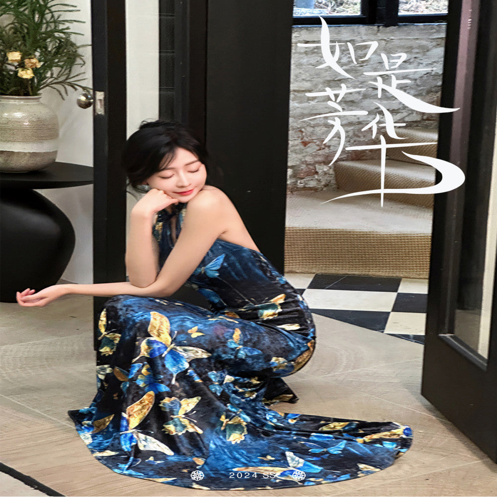 Like the gilded butterfly the new Chinese style improved cheongsam fish tail dress velvet shoulder cut backless dress long dress image 15
