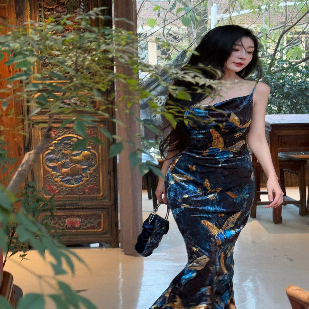Like the gilded butterfly the new Chinese style improved cheongsam fish tail dress velvet shoulder cut backless dress long dress image 22