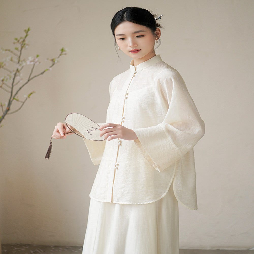 Chuchan Tang style Chinese style women s clothing new autumn new Chinese style buckle Zen tea suit shirt top half skirt set image 0