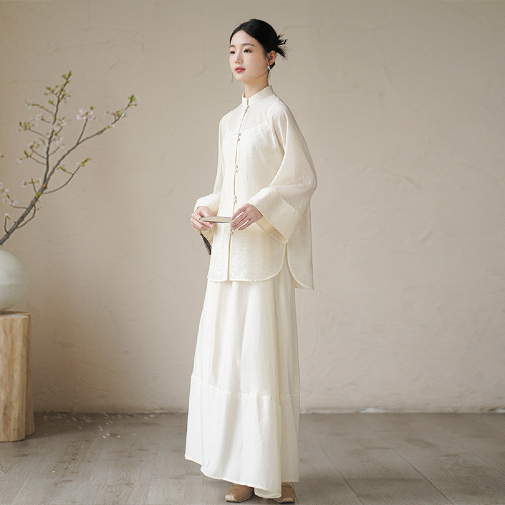Chuchan Tang style Chinese style women s clothing new autumn new Chinese style buckle Zen tea suit shirt top half skirt set image 27