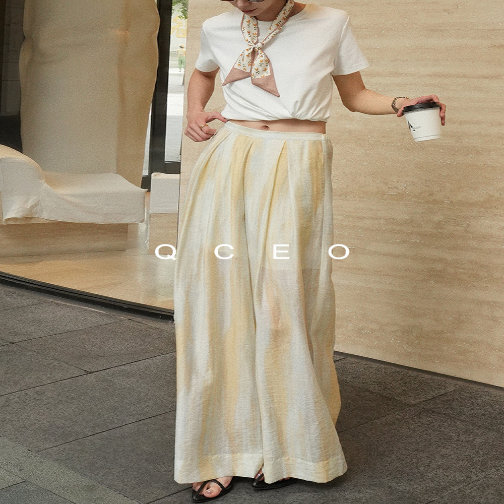 QCEO blend printed pleated wide leg pants with a cool and slimming feel made of Tencel linen yarn for sun protection floor length pants women s summer image 2