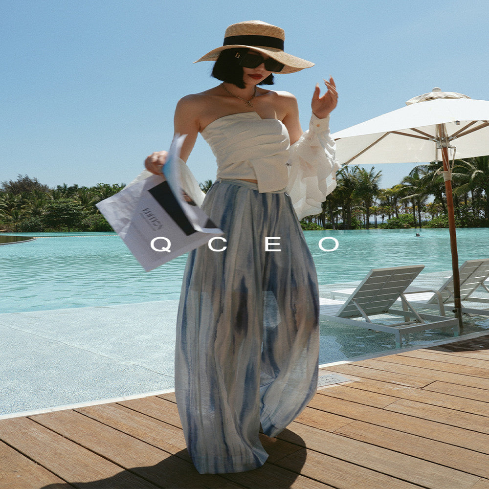 QCEO blend printed pleated wide leg pants with a cool and slimming feel made of Tencel linen yarn for sun protection floor length pants women s summer image 3