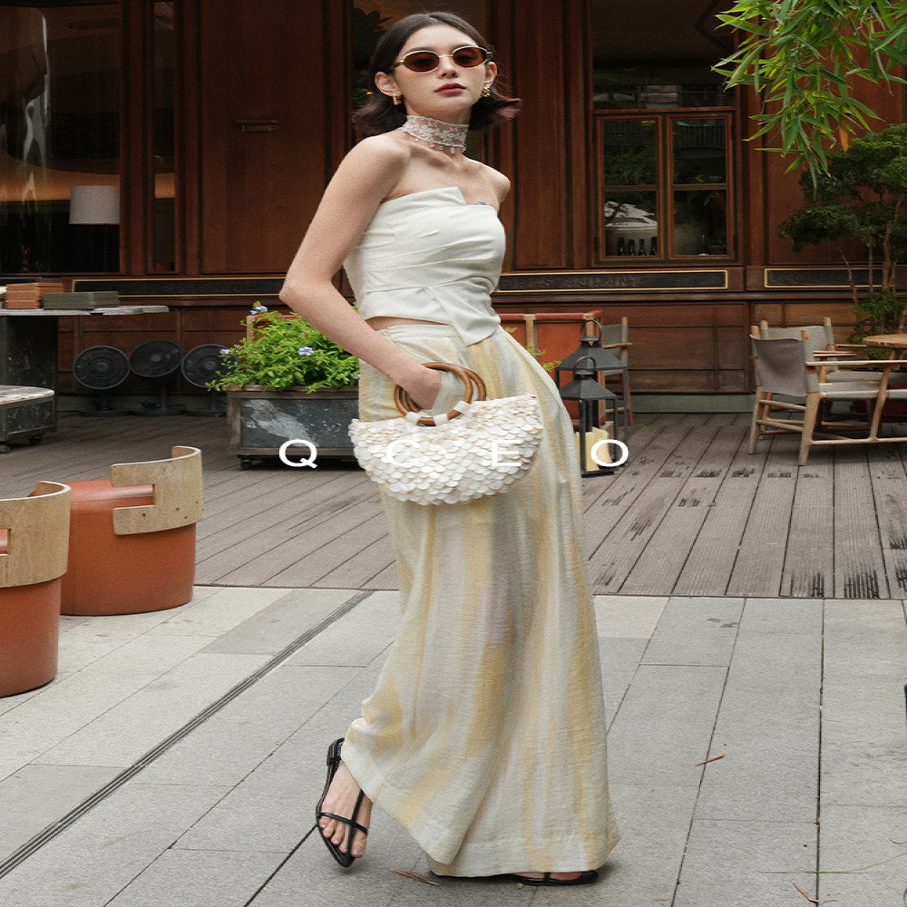 QCEO blend printed pleated wide leg pants with a cool and slimming feel made of Tencel linen yarn for sun protection floor length pants women s summer image 4