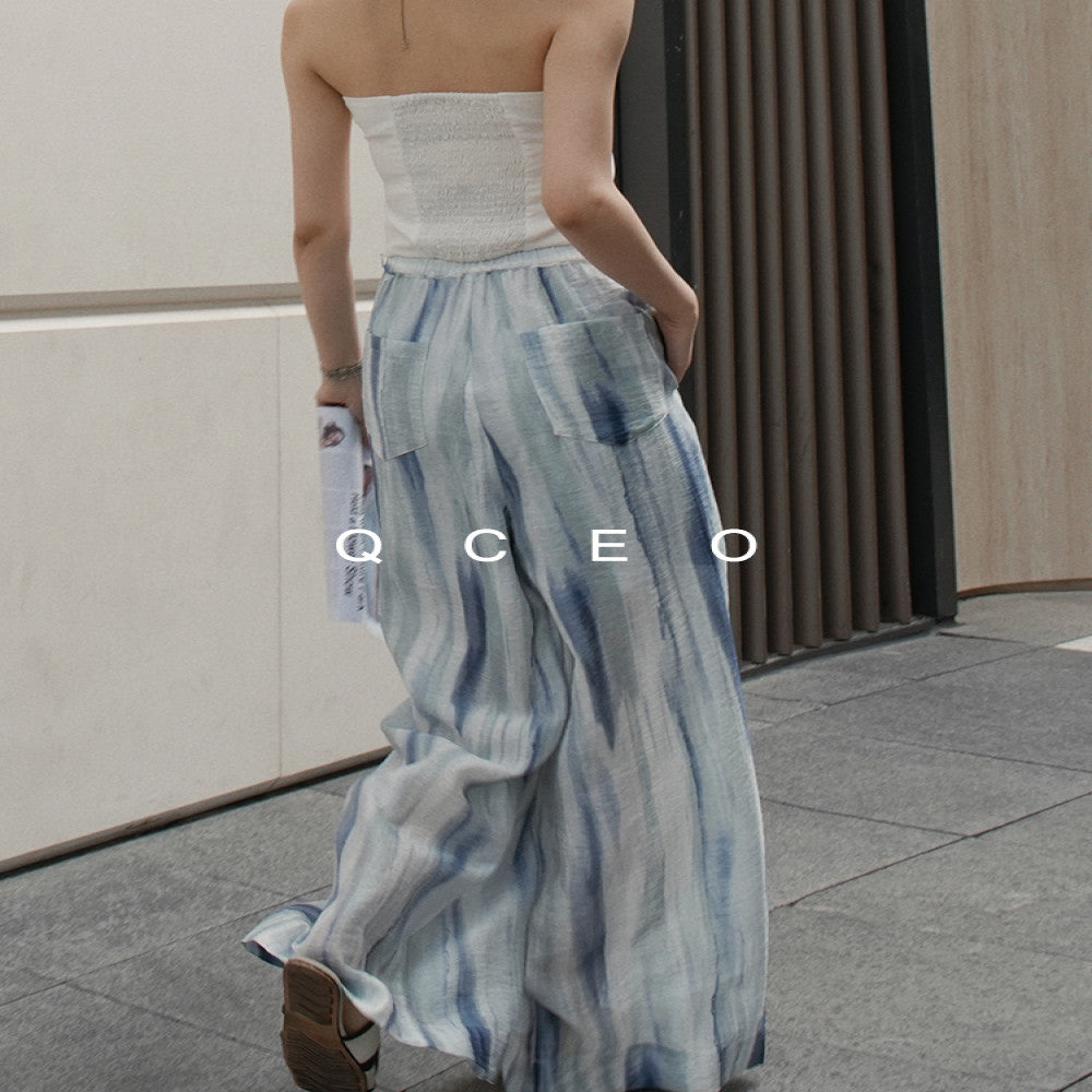 QCEO blend printed pleated wide leg pants with a cool and slimming feel made of Tencel linen yarn for sun protection floor length pants women s summer image 5