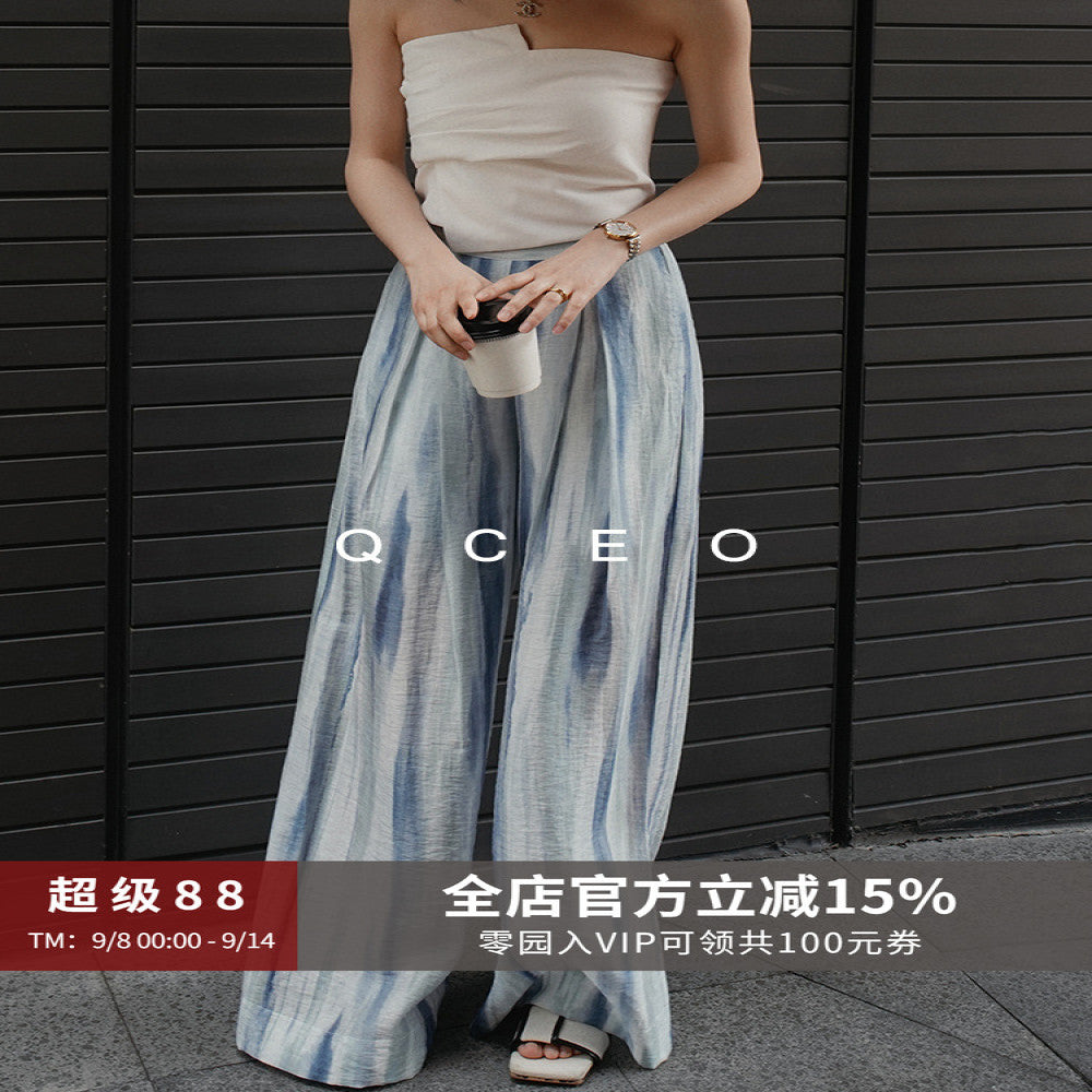 QCEO blend printed pleated wide leg pants with a cool and slimming feel made of Tencel linen yarn for sun protection floor length pants women s summer image 0
