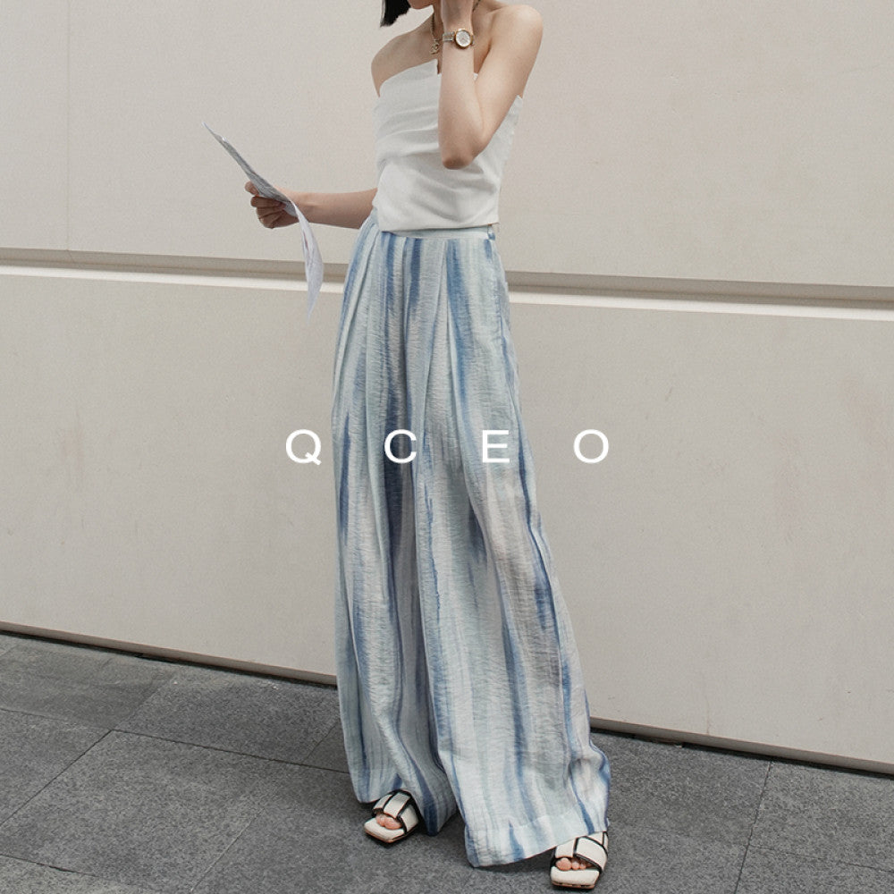 QCEO blend printed pleated wide leg pants with a cool and slimming feel made of Tencel linen yarn for sun protection floor length pants women s summer image 7