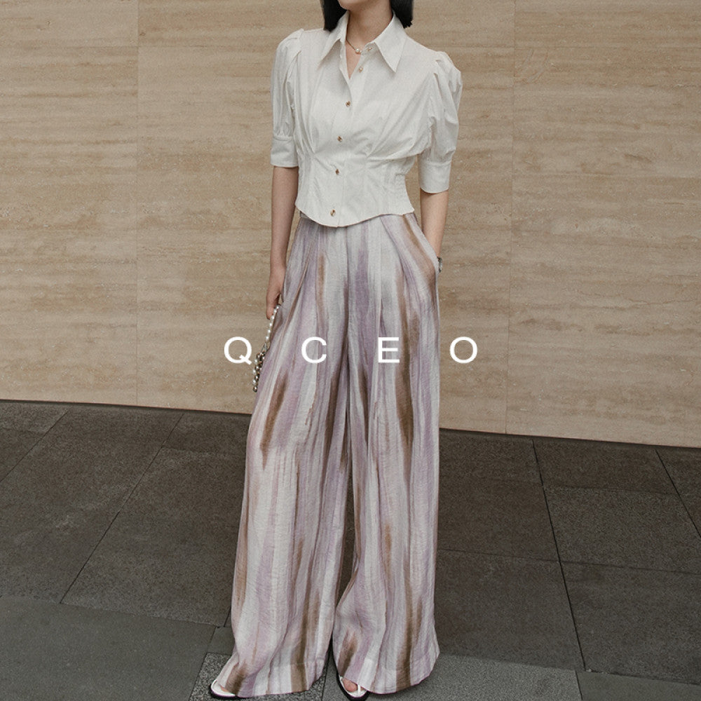 QCEO blend printed pleated wide leg pants with a cool and slimming feel made of Tencel linen yarn for sun protection floor length pants women s summer image 22