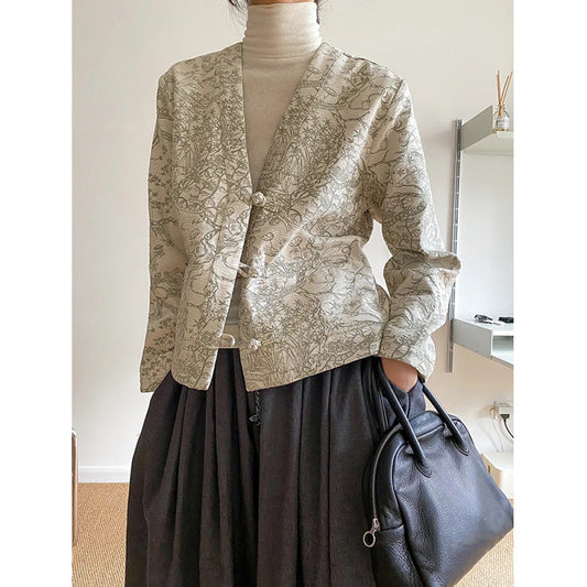 ASAYA3096 New Chinese style retro jacquard, high-end, western-style buckle V-neck short niche top