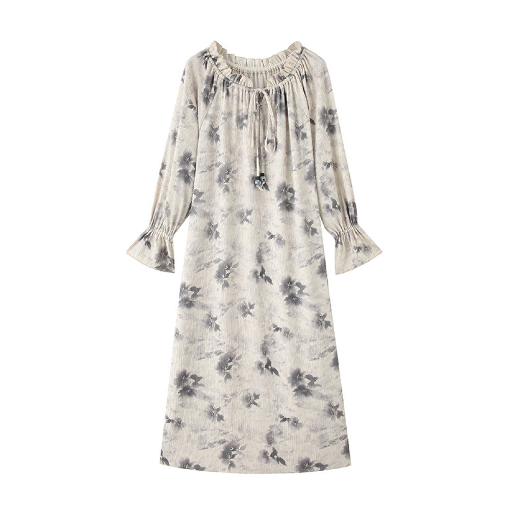 Luqingyi Original Spring Water Tea French Dress Women s Summer Ruffle Round Neck Ink Print Long Dress image 12