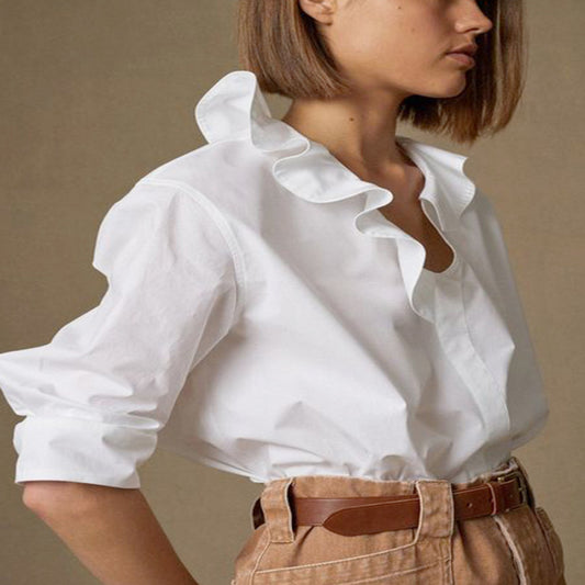 ASAYA3061 Versatile asymmetric ruffle collar shirt loose simple pullover top