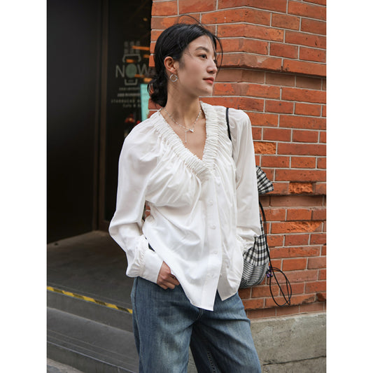 ASAYA3059 Microporous gauze cool fabric French top pleated V-neck loose shirt