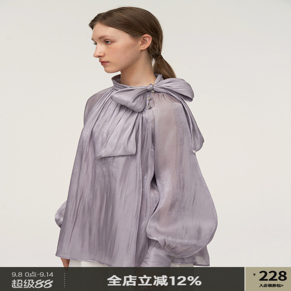 Someone Sometimes Original Tied and pleated loose shoulder long sleeved shirt for women independent designer style image 0
