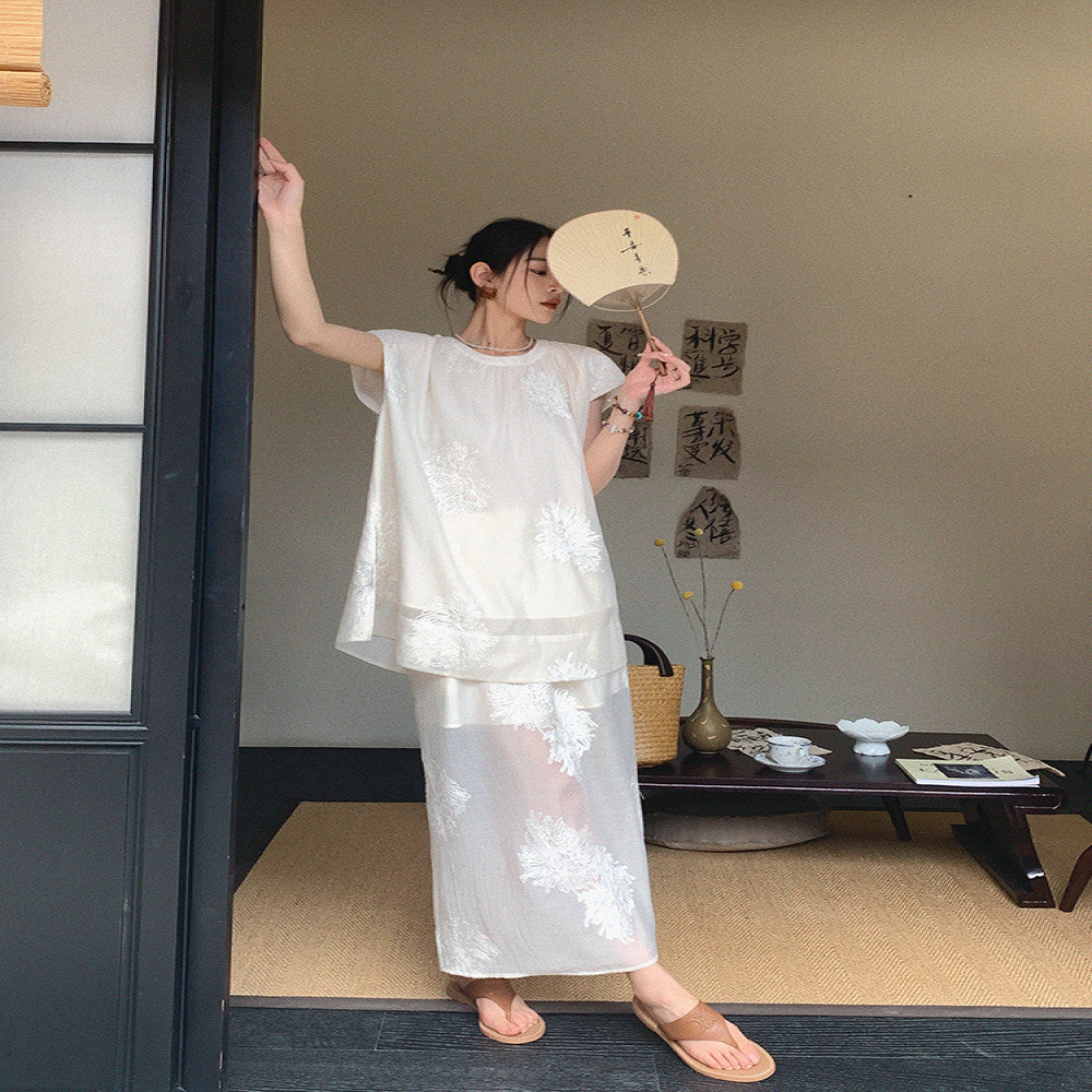 Customized rice white Chinese style two piece set for dimples women s 2025 summer gentle style loose top split skirt image 5