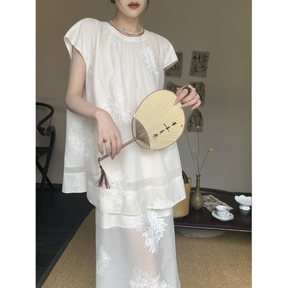 Customized rice white Chinese style two piece set for dimples women s 2025 summer gentle style loose top split skirt image 10