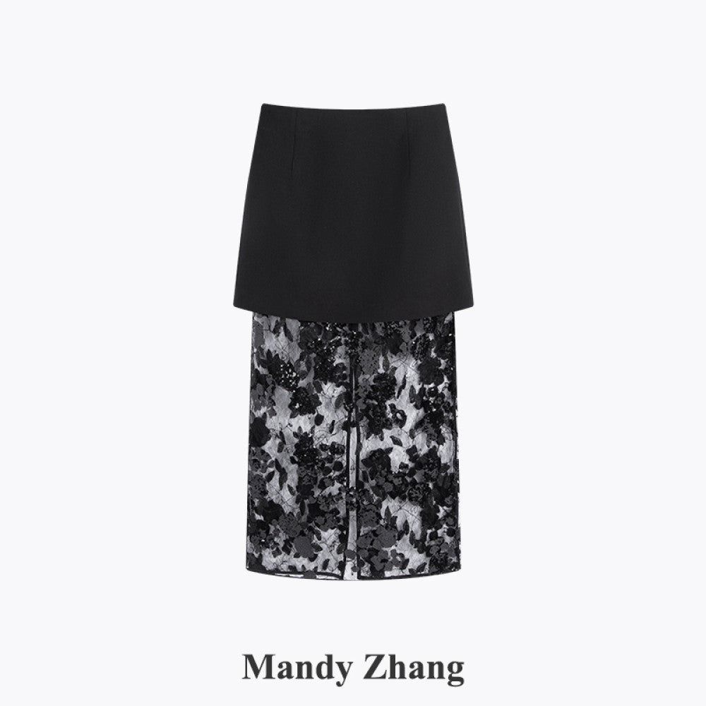 MandyZhang s high end black lace sequin mesh skirt with women s mesh hollow out long skirt that wraps around the buttocks image 10