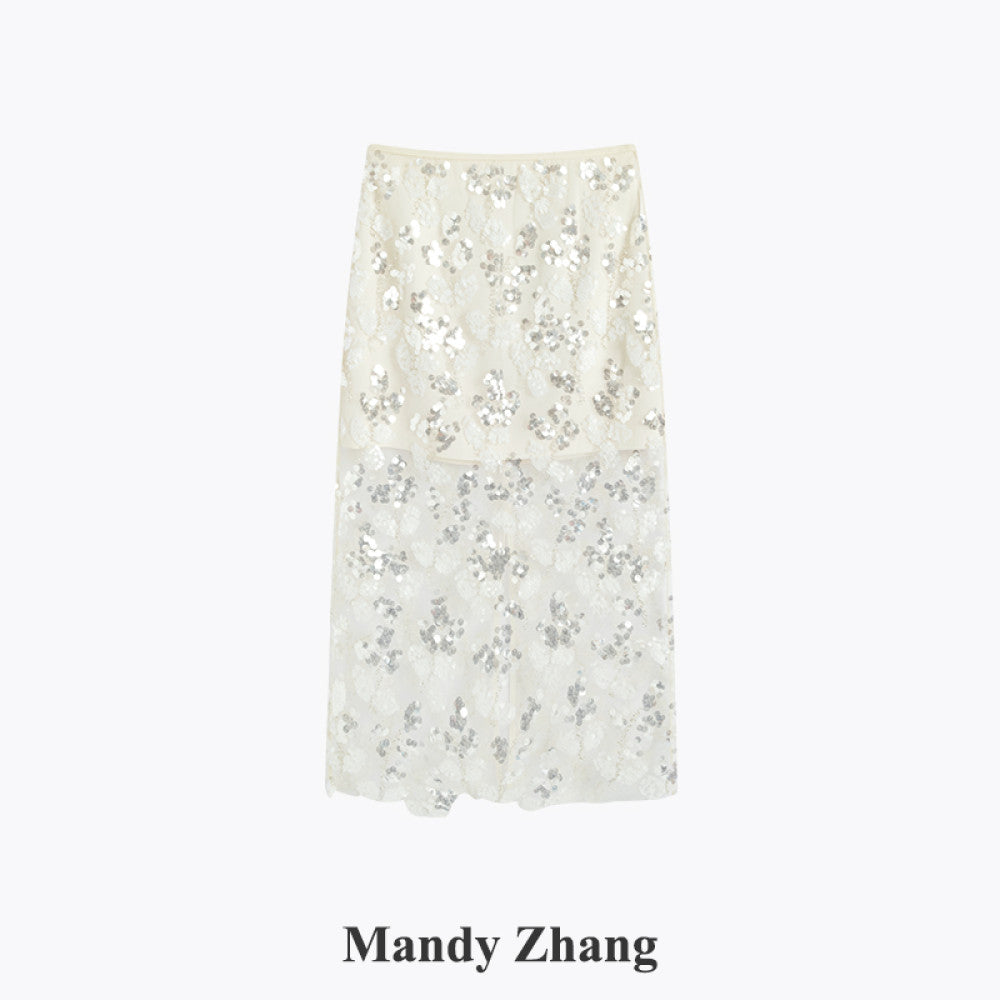 MandyZhang s high end black lace sequin mesh skirt with women s mesh hollow out long skirt that wraps around the buttocks image 16