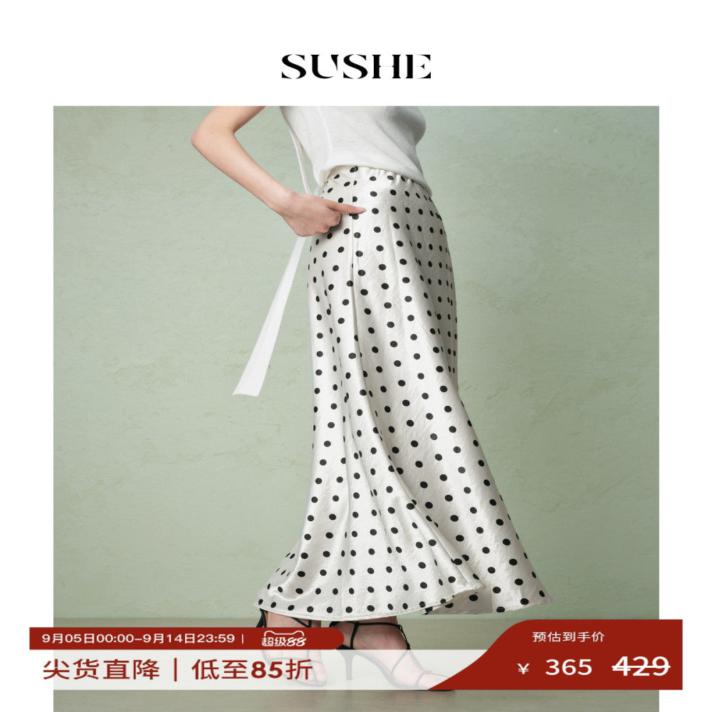 Shuxi SUSHE monsoon retro style flowing satin design new wave dot long A line skirt for women autumn image 1