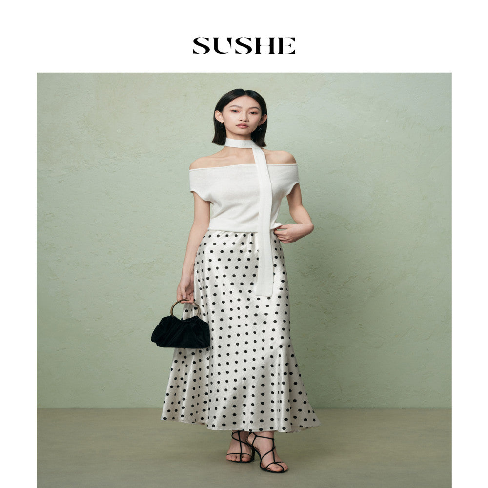 Shuxi SUSHE monsoon retro style flowing satin design new wave dot long A line skirt for women autumn image 2