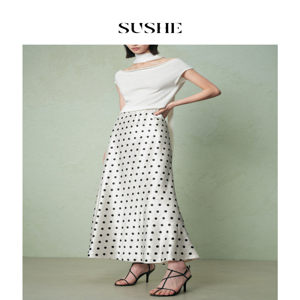 Shuxi SUSHE monsoon retro style flowing satin design new wave dot long A line skirt for women autumn image 3