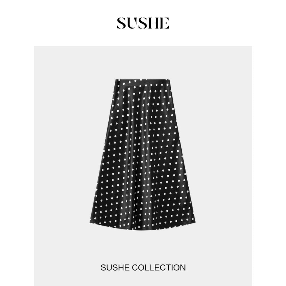 Shuxi SUSHE monsoon retro style flowing satin design new wave dot long A line skirt for women autumn image 13