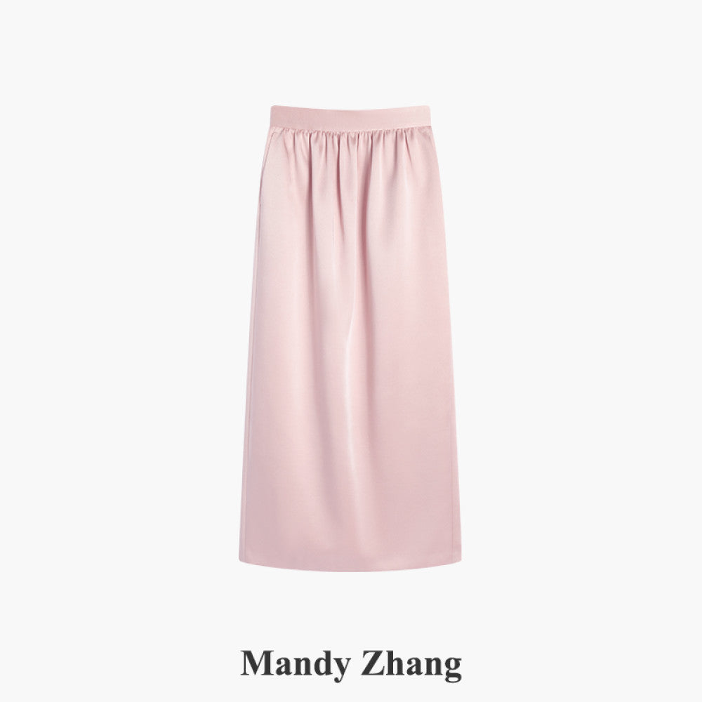 MandyZhang French retro high end satin flower bud straight skirt women s autumn and winter pink slim long skirt image 8
