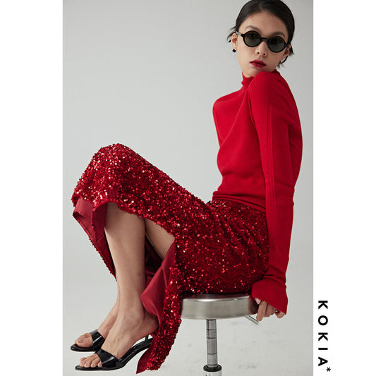 ASAYA2787 Pomegranate red velvet three-dimensional sequin light dress straight slit double layer skirt