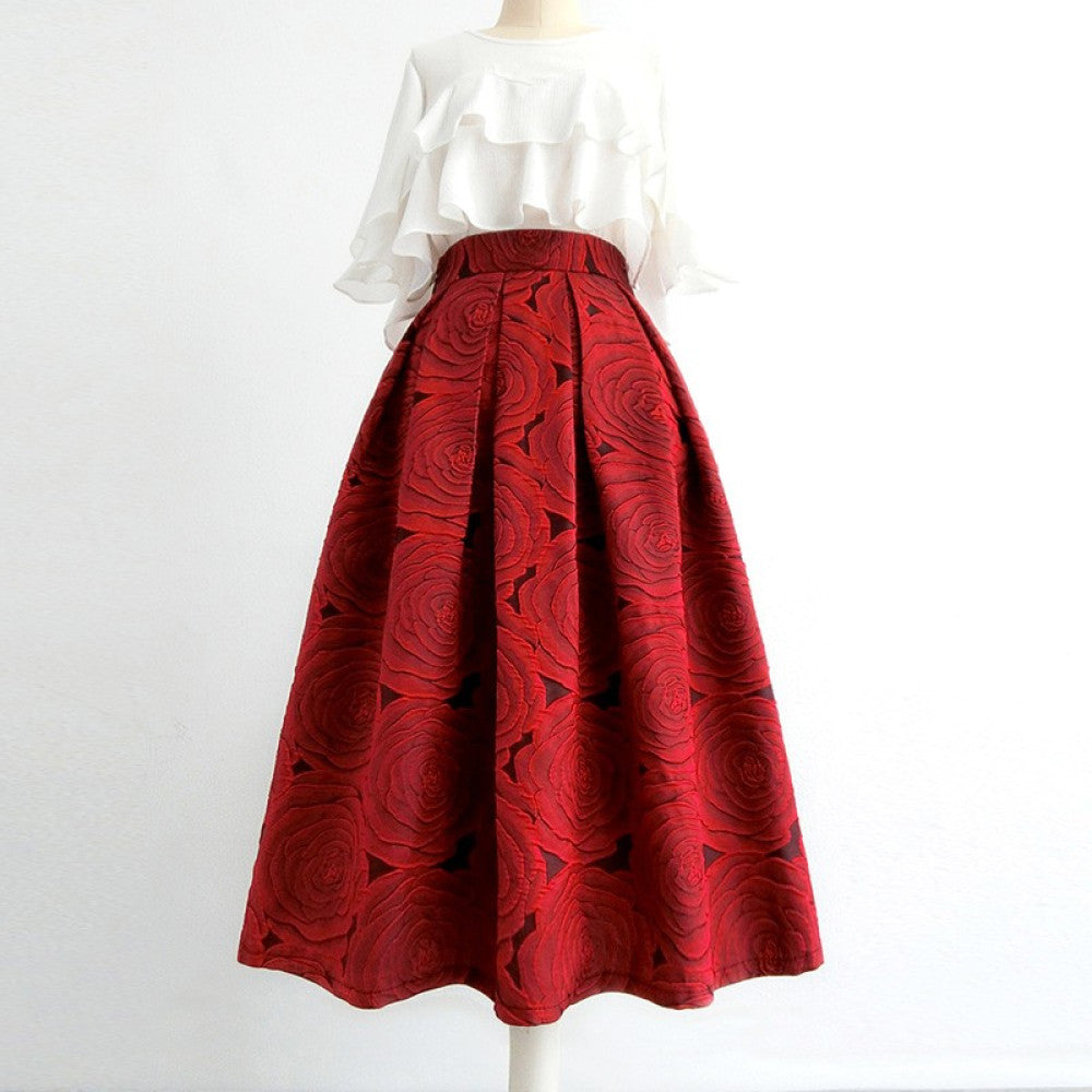 Ziwei Yiankala Red Pong Skirt New High Noble Red Three Dimensional Flower Hepburn Skirt Spring and Autumn Versatile Medium Length High Waist Skirt image 20