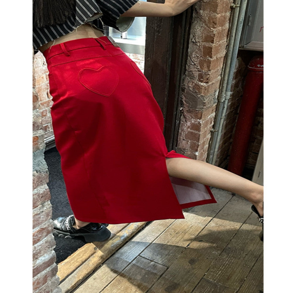 West Kowloon Spring and Autumn New Product High Waist Loose Peach Heart Straight Tube One Step Skirt with Split Half Body Long Dress in Red for Skinny Women image 28