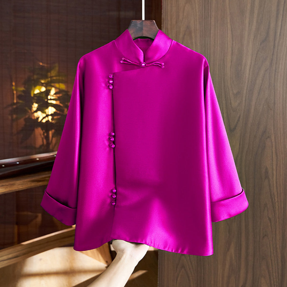 Chinese style slanted placket buttoned jacket women s western style retro improved Chinese silk wool Tang style shirt top autumn image 19