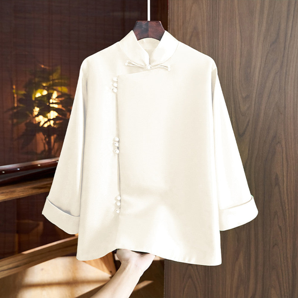 Chinese style slanted placket buttoned jacket women s western style retro improved Chinese silk wool Tang style shirt top autumn image 31
